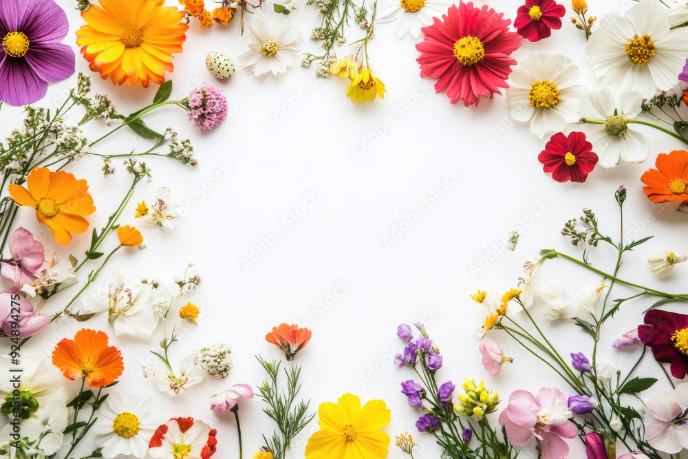 A frame of vibrant flowers on a white background with ample space for a greeting card. A frame of vibrant flowers on a white background with ample space for a greeting card.