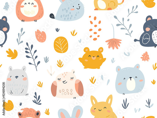 Cute seamless pattern with adorable forest animals like owls, bears, and rabbits. Autumn leaves and delicate plants are scattered across a light background.