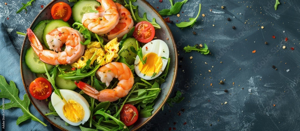 Salmon and shrimp salad with tomatoes cucumbers arugula eggs and avocado Suitable for ketogenic and paleo diets Ideal for copy space image Salmon and shrimp salad with tomatoes cucumbers arugula eggs and avocado Suitable for ketogenic and paleo diets Ideal for copy space image