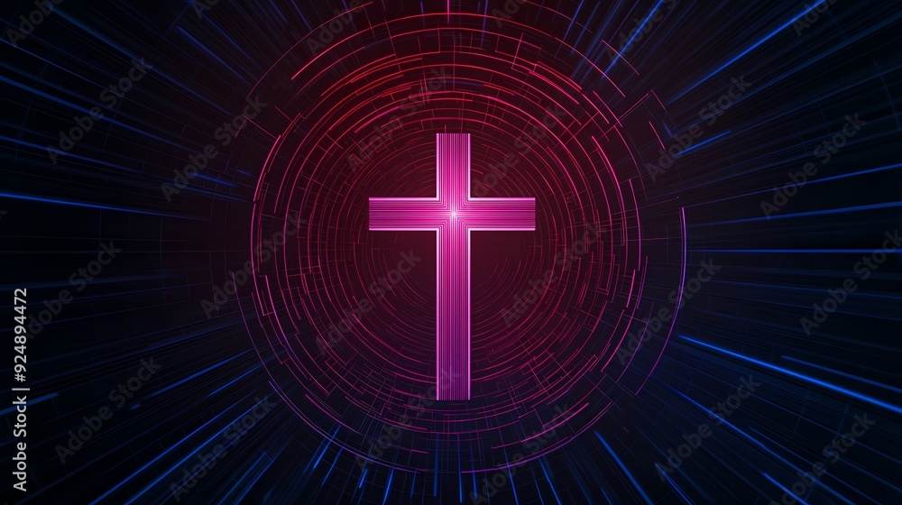 Obraz premium A vibrant digital cross surrounded by dynamic light trails, representing faith, spirituality, and modern religious themes.