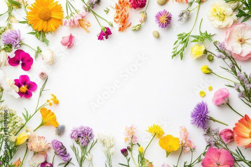 Fototapeta Naklejka Na Ścianę i Meble -  A frame of vibrant flowers on a white background with ample space for a greeting card.