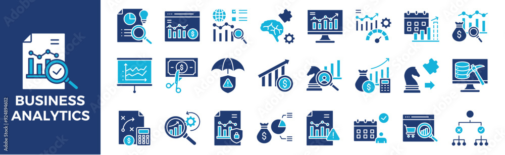 Business analytics icon collection set. Containing design, business, information, analytics, analysis, management, and more. Solid vector icons collection. Business analytics icon collection set. Containing design, business, information, analytics, analysis, management, and more. Solid vector icons collection.