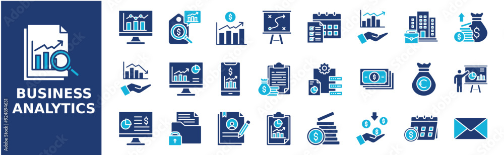 Business analytics icon collection set. Containing design, business, information, analytics, analysis, management, and more. Solid vector icons collection. Business analytics icon collection set. Containing design, business, information, analytics, analysis, management, and more. Solid vector icons collection.