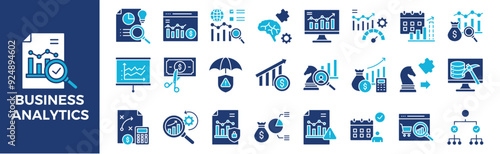 Business analytics icon collection set. Containing design, business, information, analytics, analysis, management,  and more. Solid vector icons collection.	