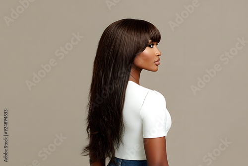 A profile view of a beautiful woman with layered hair and bangs against a plain background photo