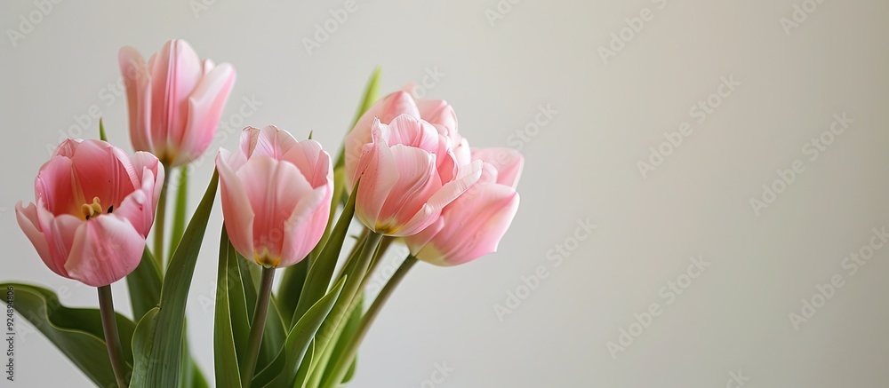 Fototapeta premium Pink tulips in a vase against a white backdrop with copy space image