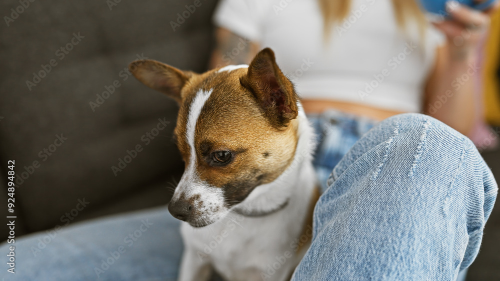 A young blonde woman lovingly cuddles her attentive jack russell terrier on a cozy sofa indoors. A young blonde woman lovingly cuddles her attentive jack russell terrier on a cozy sofa indoors.