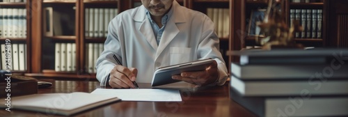 A scientist, seated in a well-lit study filled with books, writes on paper while cross-referencing data on a tablet, showcasing thoughtful study. photo