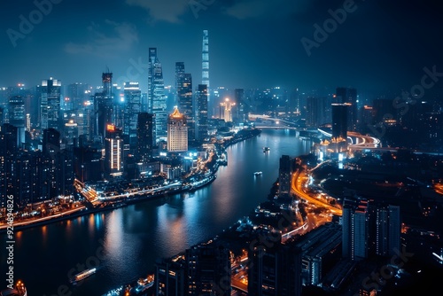 Wallpaper Mural Illuminated City Skyline Overlooking a Serene River at Night Sparkling And Reflecting Light On A River. Generative AI Torontodigital.ca