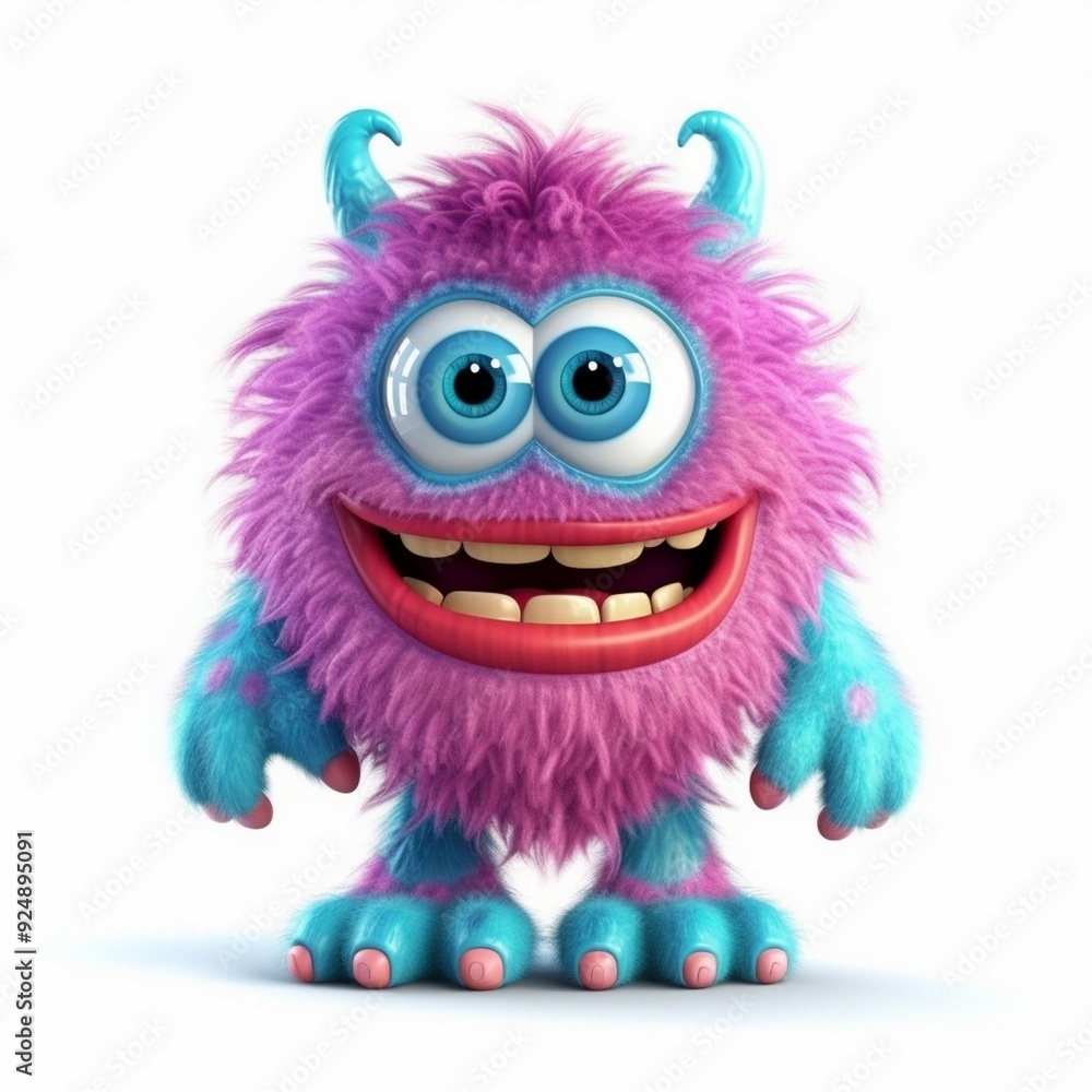 Colorful cartoon monster with fluffy purple and blue fur, large eyes, and a cheerful expression stands against a white background Colorful cartoon monster with fluffy purple and blue fur, large eyes, and a cheerful expression stands against a white background