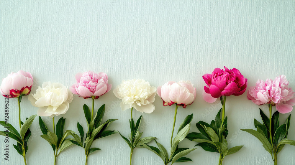Peonies neatly lined up on a soft pastel backdrop. Peonies neatly lined up on a soft pastel backdrop.