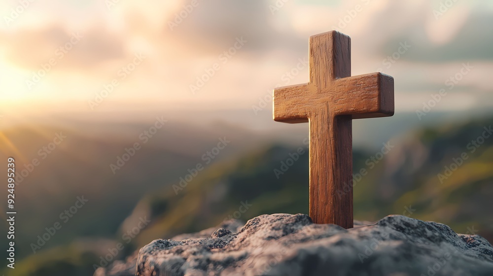 A wooden cross stands on a rocky surface, illuminated by the warm glow of the sunset, symbolizing faith and hope. A wooden cross stands on a rocky surface, illuminated by the warm glow of the sunset, symbolizing faith and hope.