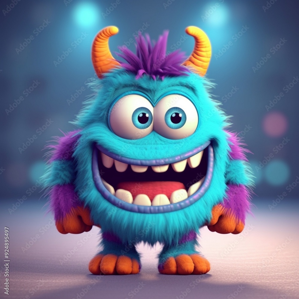 A colorful fluffy monster with blue fur and purple accents smiles happily in a vibrant, well-lit environment A colorful fluffy monster with blue fur and purple accents smiles happily in a vibrant, well-lit environment