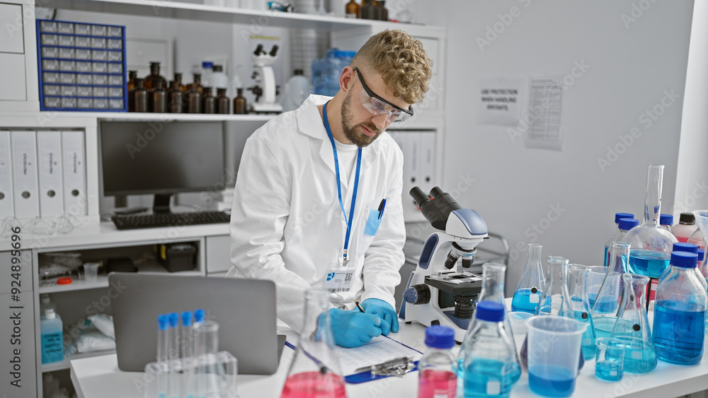 Bearded scientist in lab coat taking notes in modern laboratory with microscope and beakers Bearded scientist in lab coat taking notes in modern laboratory with microscope and beakers
