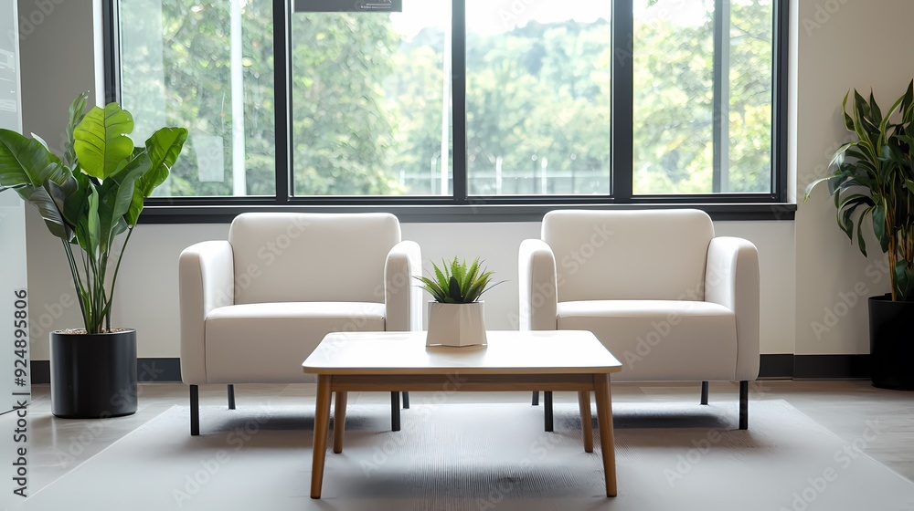 Bright and modern living room with cozy white chairs, a small table, and plants, perfect for relaxation and interior inspiration. Bright and modern living room with cozy white chairs, a small table, and plants, perfect for relaxation and interior inspiration.
