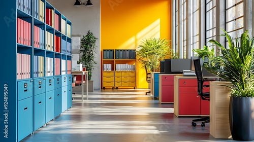 Bright and modern office space with colorful furniture, plants, and natural light creating a vibrant work environment. photo