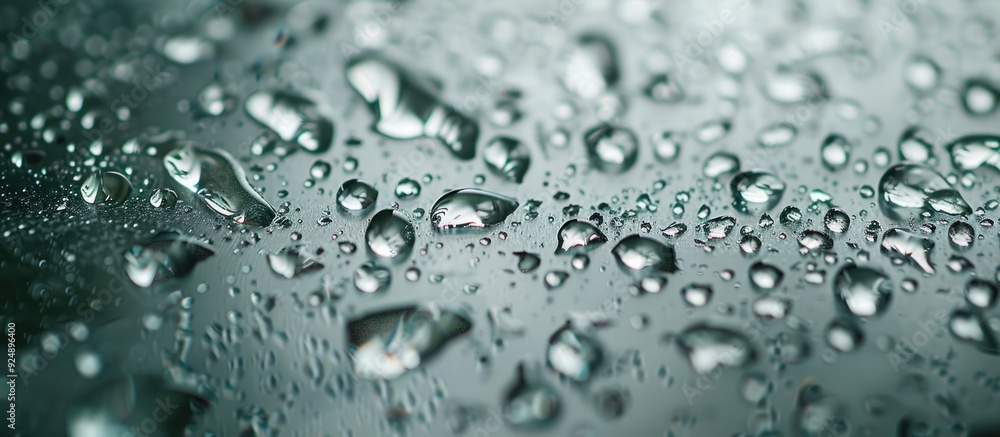 During a rainy day a copy space image shows water droplets leaking down gray steel onto a glass surface