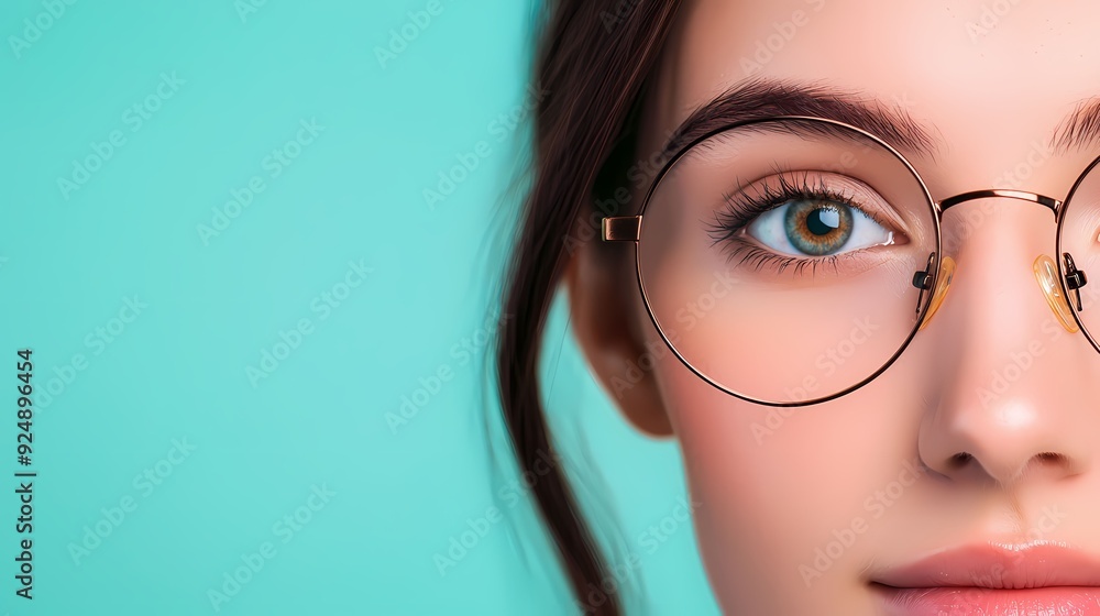 Close-up of a woman's face wearing stylish glasses, with a vibrant turquoise background highlighting her beautiful features. Close-up of a woman's face wearing stylish glasses, with a vibrant turquoise background highlighting her beautiful features.