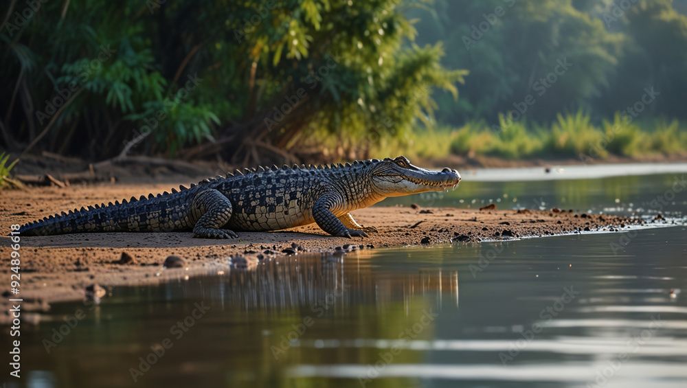 crocodile on the river bank in the morning crocodile on the river bank in the morning