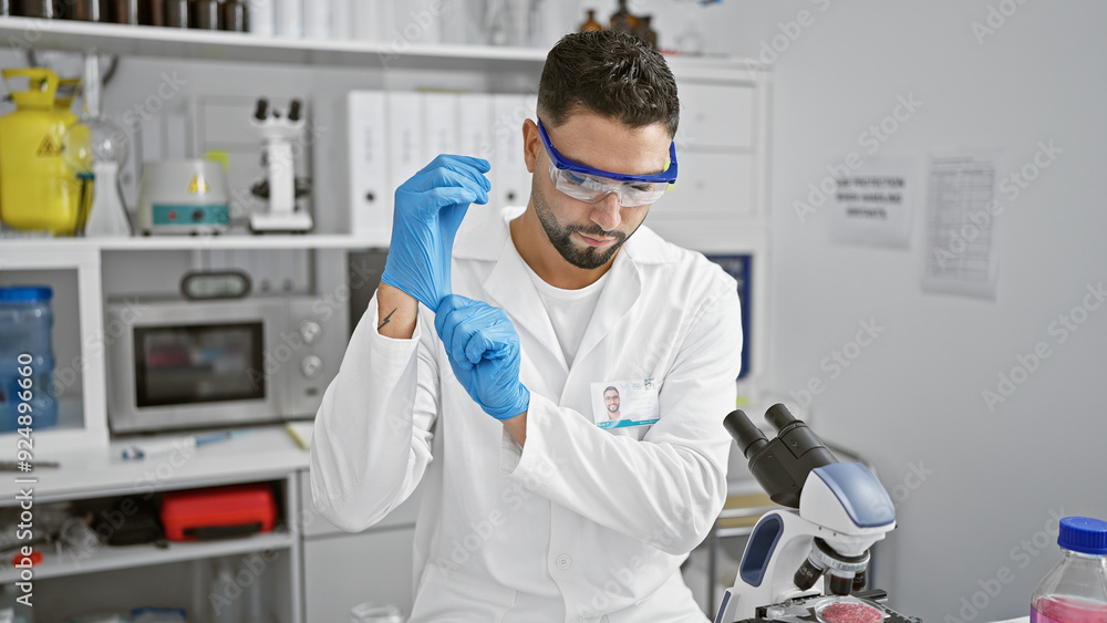A young bearded man in a lab coat adjusts blue gloves in a laboratory setting, embodying professionalism and focus. A young bearded man in a lab coat adjusts blue gloves in a laboratory setting, embodying professionalism and focus.