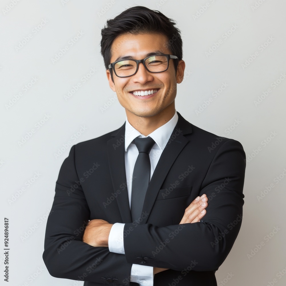 Isolated on transparent background, a smiling little Asian boy is in a business suit with his arms crossed Isolated on transparent background, a smiling little Asian boy is in a business suit with his arms crossed