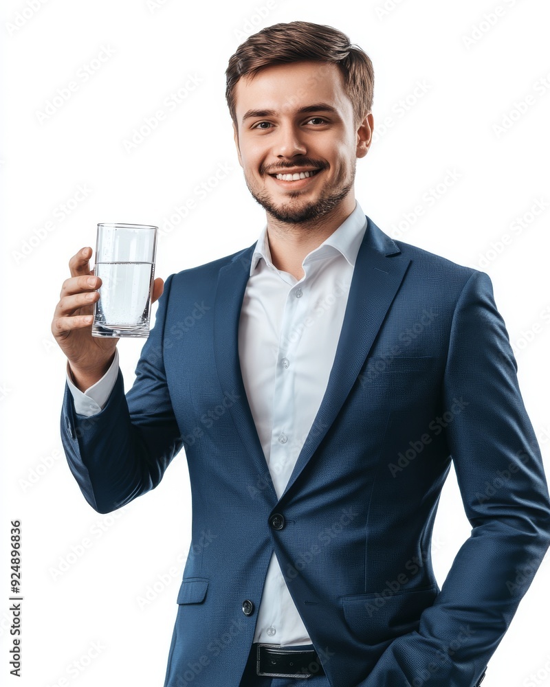 Stylish portrait of a smiling businessman with a glass of water, isolated on a transparent background. Stylish portrait of a smiling businessman with a glass of water, isolated on a transparent background.