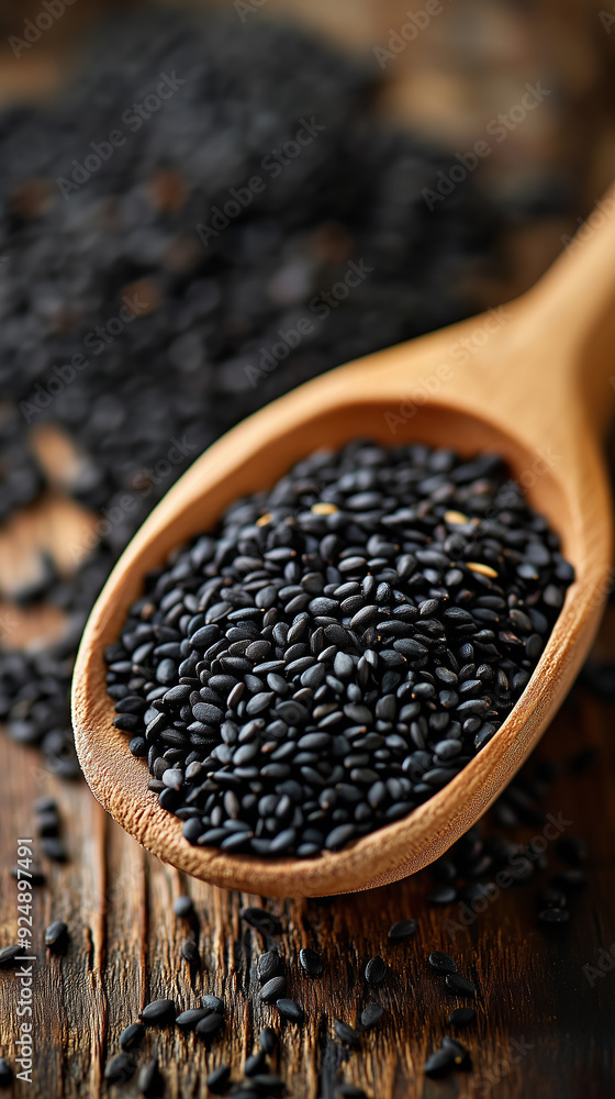 Black Sesame Seeds in a wooden spoon Black Sesame Seeds in a wooden spoon