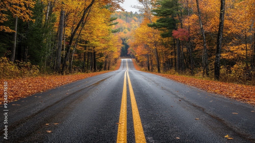 Traffic lines on a rural road cutting through a dense forest with autumn foliage Traffic lines on a rural road cutting through a dense forest with autumn foliage