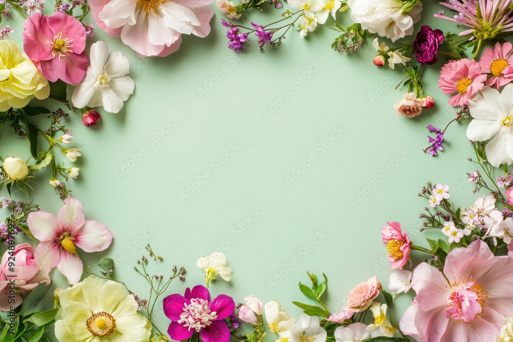A frame of vibrant flowers on a pastel green background, ideal for holiday greeting cards. A frame of vibrant flowers on a pastel green background, ideal for holiday greeting cards.