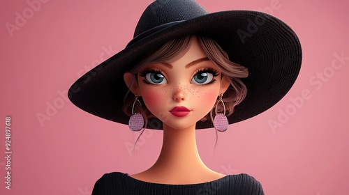 3D Cartoon Fashion Girl Wearing a Black Hat