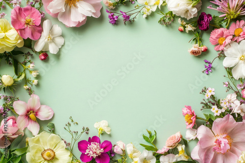 A frame of vibrant flowers on a pastel green background, ideal for holiday greeting cards.