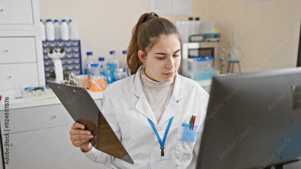 A focused woman technician analyzes data on a computer inside a modern laboratory. A focused woman technician analyzes data on a computer inside a modern laboratory.