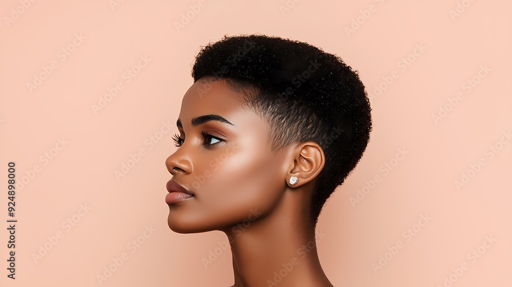 Elegant profile of a woman showcasing natural beauty and a stylish short hairstyle against a soft, neutral background. Elegant profile of a woman showcasing natural beauty and a stylish short hairstyle against a soft, neutral background.