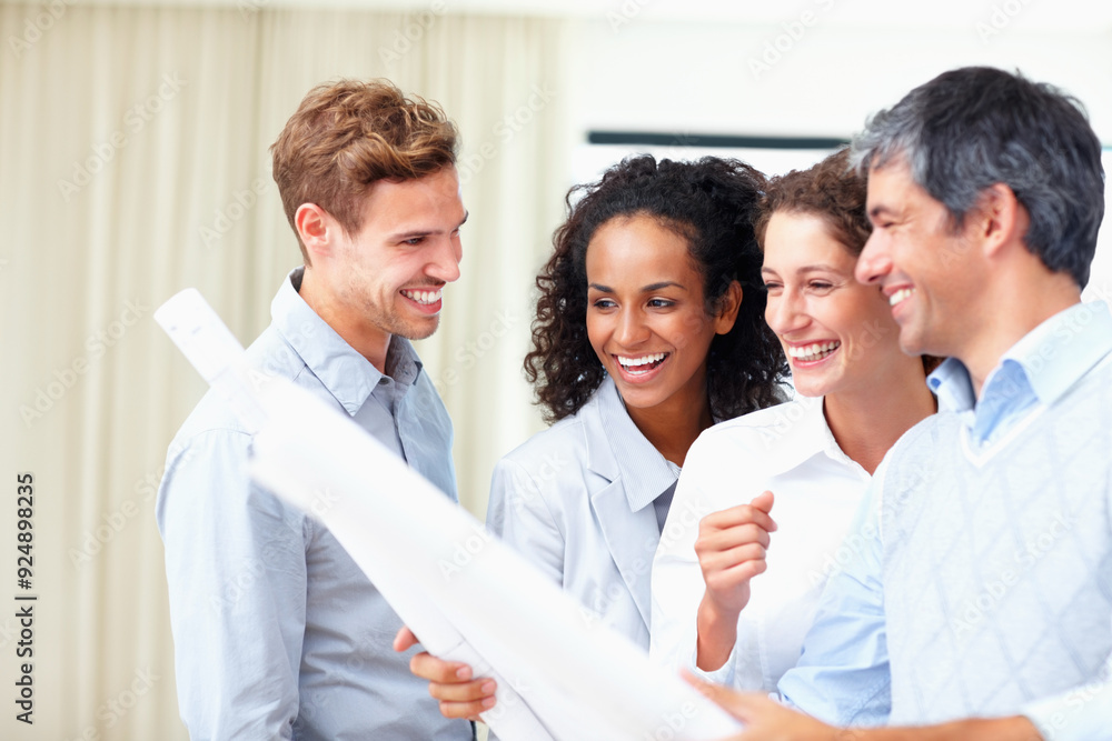Architect, teamwork and business people with blueprint, feedback and review for renovations. Conversation, happy employees and real estate with paperwork, proposal for construction and engineering Architect, teamwork and business people with blueprint, feedback and review for renovations. Conversation, happy employees and real estate with paperwork, proposal for construction and engineering