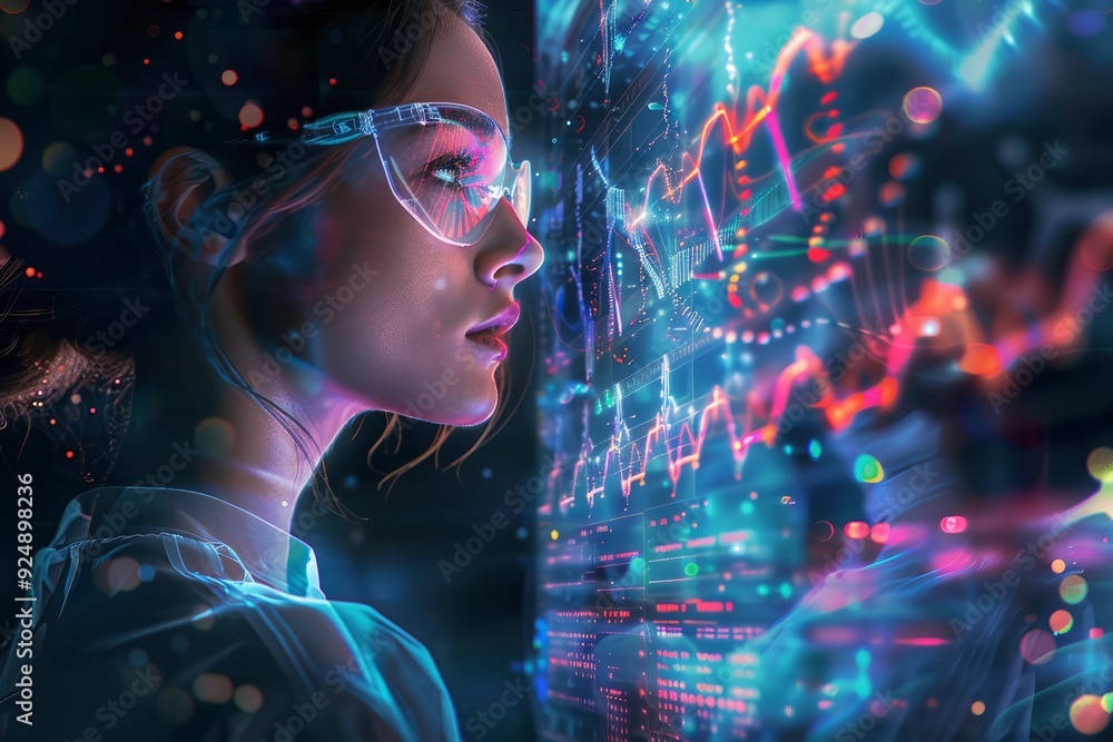 Medicine biotechnology. Girl doctor, laboratory assistant in glasses against the background of virtual glowing projection of human DNA molecules. Abstract DNA chromosome, genetics, modern technologies Medicine biotechnology. Girl doctor, laboratory assistant in glasses against the background of virtual glowing projection of human DNA molecules. Abstract DNA chromosome, genetics, modern technologies