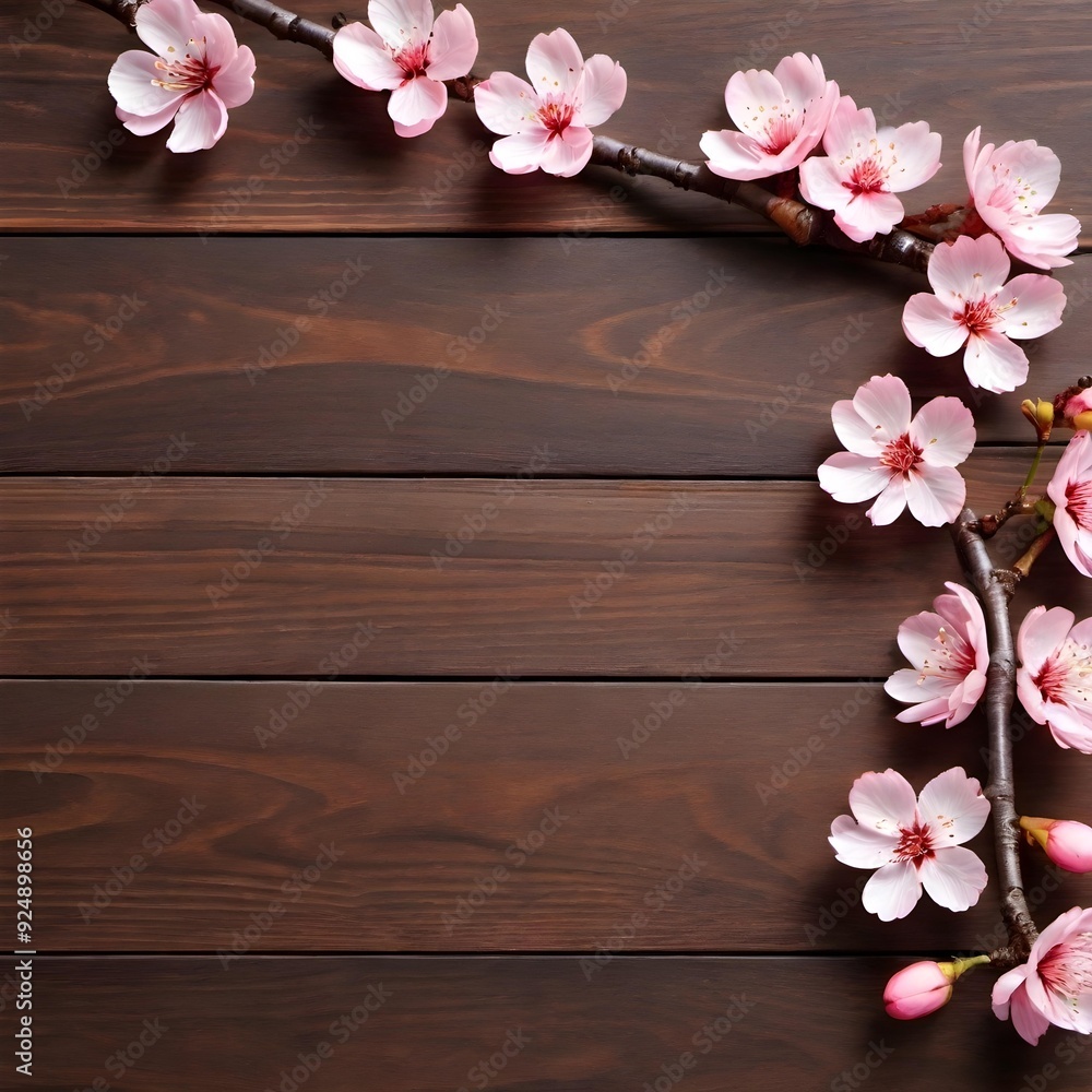 A branch of blossoming sakura lies on a dark wooden background. Springtime composition with copy space. Flat lay style, top view. A branch of blossoming sakura lies on a dark wooden background. Springtime composition with copy space. Flat lay style, top view.