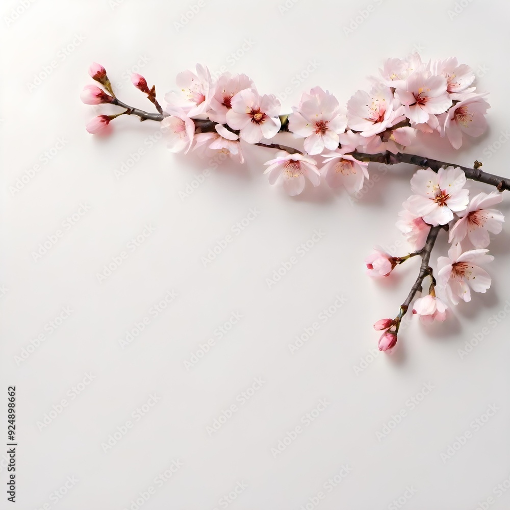 Obraz premium A branch of blossoming sakura lies on a milky-white background. Springtime composition with copy space. Flat lay style, top view. 
