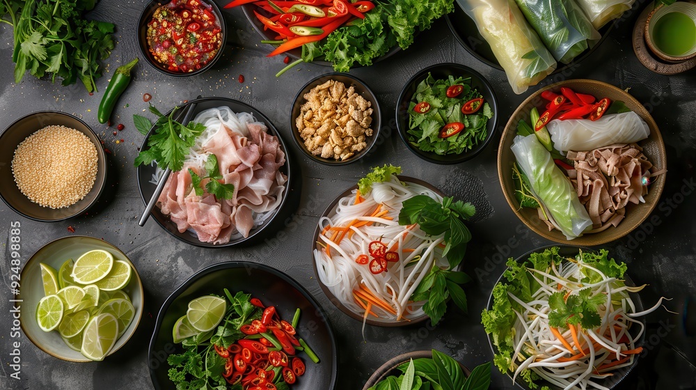 Vietnamese Delights: Pho Ga, Pho Bo, Noodles, and Spring Rolls on Asian Dinner Table Vietnamese Delights: Pho Ga, Pho Bo, Noodles, and Spring Rolls on Asian Dinner Table