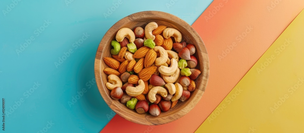 Top view showing a variety of nuts like cashews hazelnuts walnuts and almonds in a wooden bowl on a colorful table with room for text or graphics in the image. Creative banner. Copyspace image Top view showing a variety of nuts like cashews hazelnuts walnuts and almonds in a wooden bowl on a colorful table with room for text or graphics in the image. Creative banner. Copyspace image