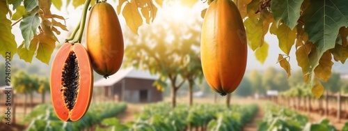 Close up photo of papaya tree bearing many fruit. Pepaya is still young and green. Concept for agriculture, urban farming. photo