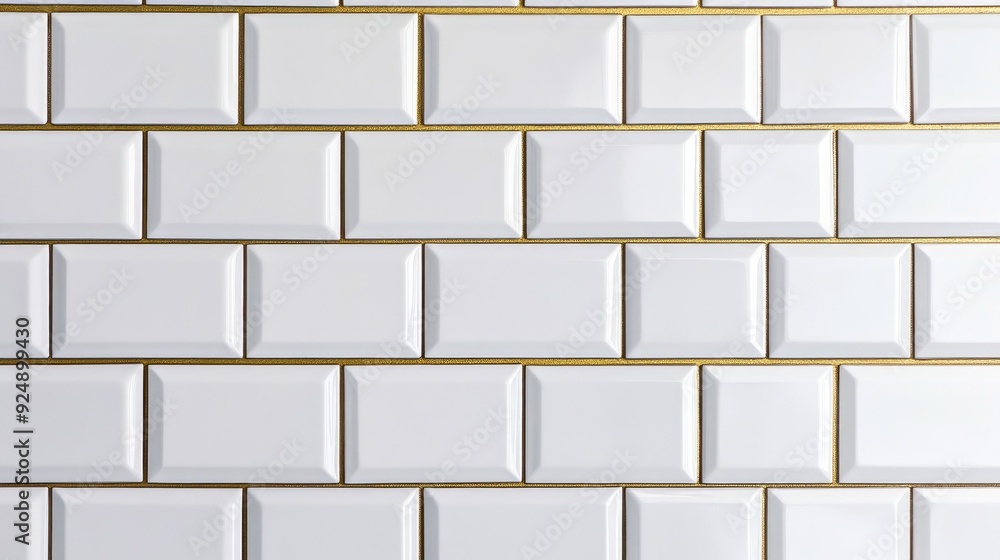 White subway tiles with gold grout, arranged in a classic brick pattern for a subtle yet luxurious touch. White subway tiles with gold grout, arranged in a classic brick pattern for a subtle yet luxurious touch.