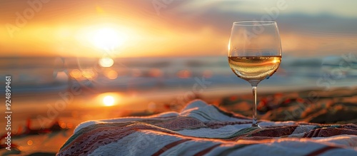 Sunset setting the mood for a beachside white wine toast with a beach towel as an improvised table the sun setting in the background copy space image photo