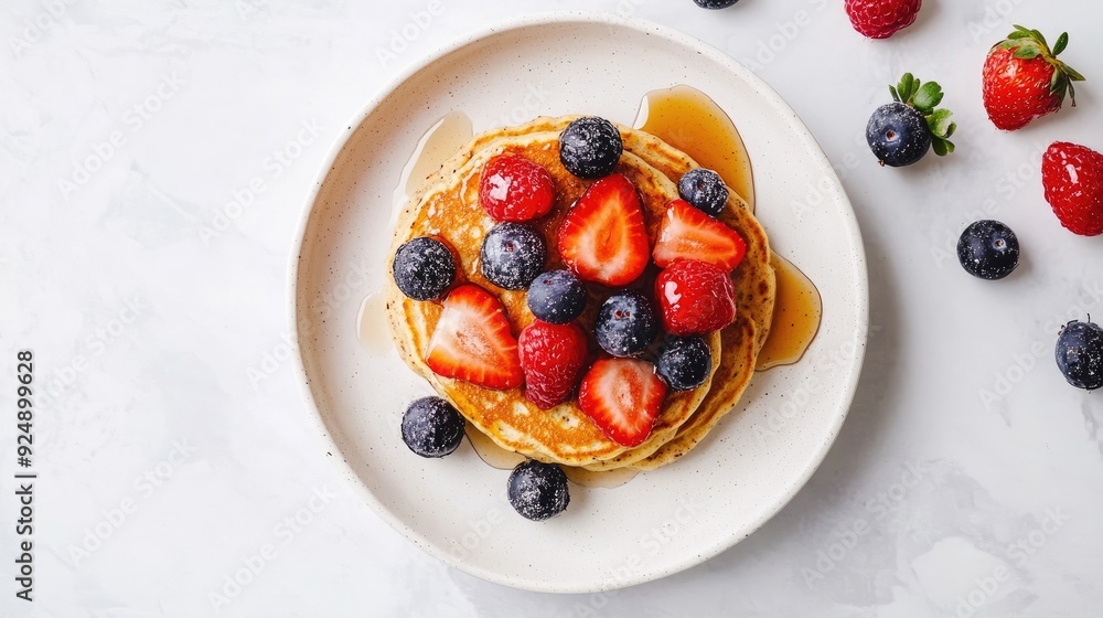 Whole-grain pancakes topped with fresh berries and a drizzle of maple syrup. Top view on a white plate. Whole-grain pancakes topped with fresh berries and a drizzle of maple syrup. Top view on a white plate.