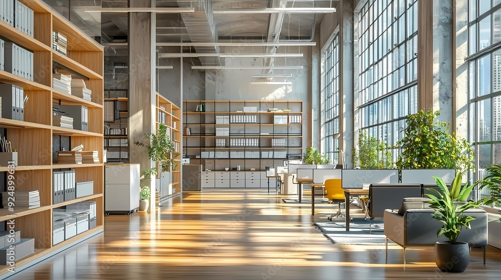Modern office interior featuring large windows, wooden floors, shelves, and plants, creating a bright and inviting workspace. Modern office interior featuring large windows, wooden floors, shelves, and plants, creating a bright and inviting workspace.