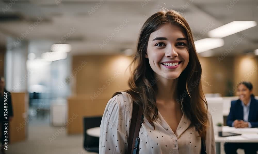Young Woman Smiling in Office - Realistic 50mm Lens Documentary Young Woman Smiling in Office - Realistic 50mm Lens Documentary