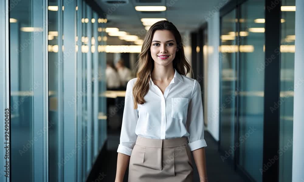 Young Woman Smiling in Office - Realistic 50mm Lens Documentary Young Woman Smiling in Office - Realistic 50mm Lens Documentary