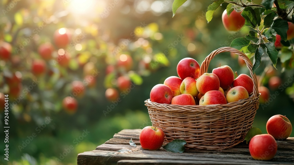 Wicker basket overflowing with apples in apple orchard setting Wicker basket overflowing with apples in apple orchard setting