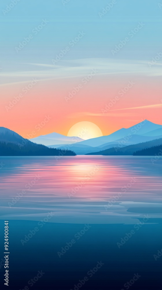 A serene landscape featuring a majestic mountain range silhouetted against a vibrant sunset sky. The sun casts a golden glow over a tranquil lake, with its reflection mirroring the colors of the sky. A serene landscape featuring a majestic mountain range silhouetted against a vibrant sunset sky. The sun casts a golden glow over a tranquil lake, with its reflection mirroring the colors of the sky.