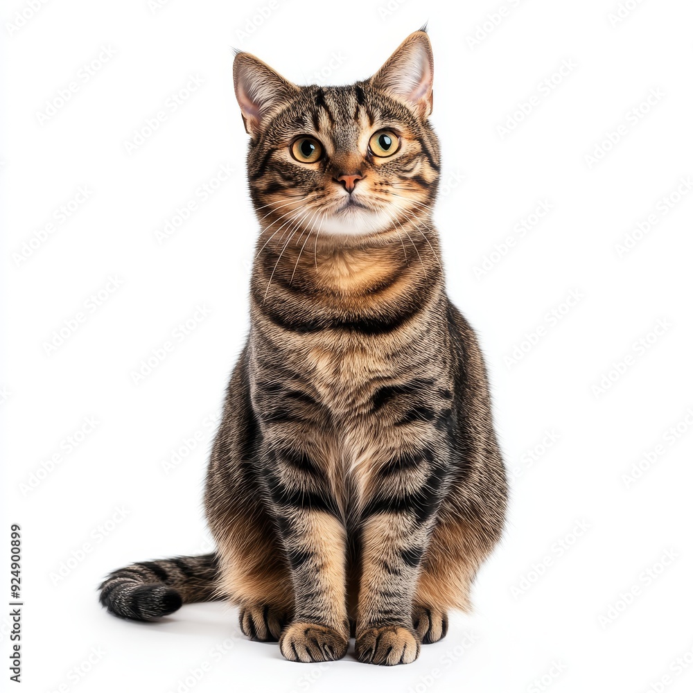 A cute white background with a portrait of a tabby cat A cute white background with a portrait of a tabby cat