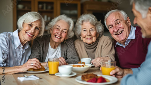 Happy Senior Group Of Caucasian Pensioner Friends Smiling And Having Breakfast Together At Family Home